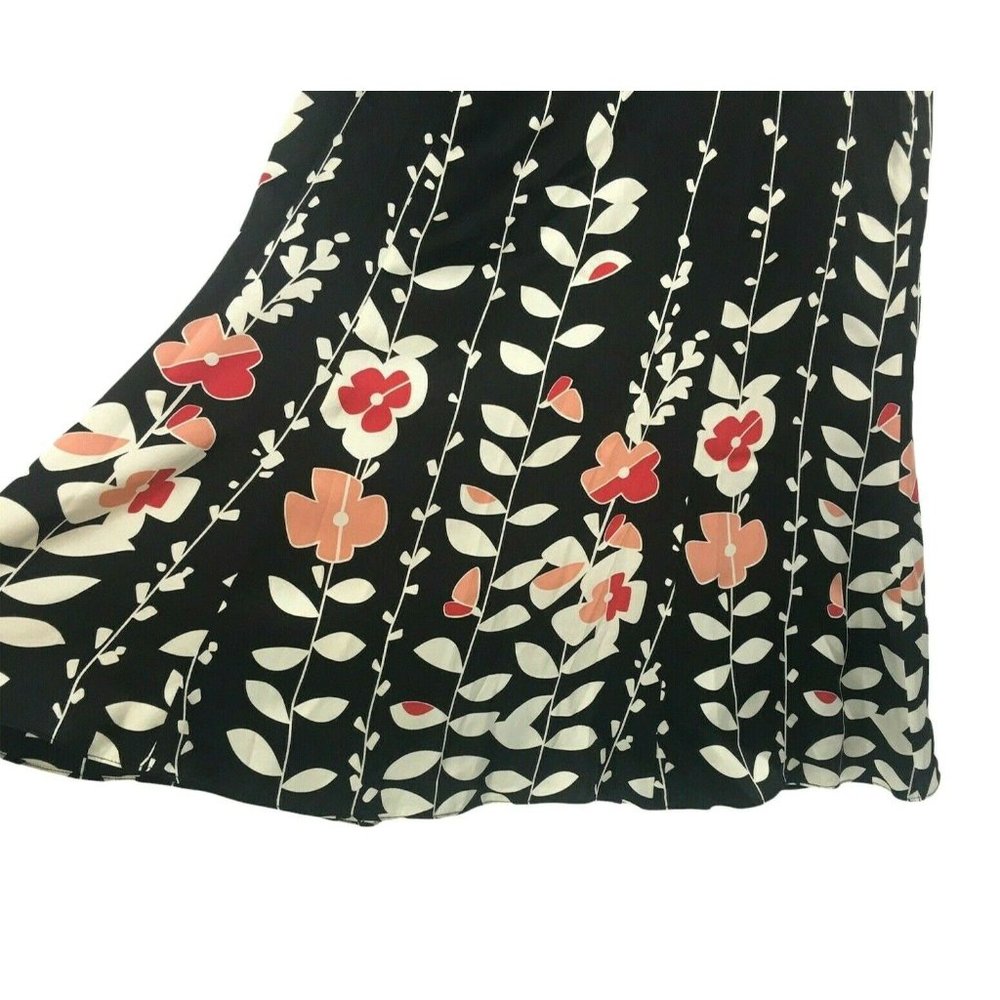 Talbot's Black Silk Skirt White Vines Red & Coral Floral Flair Midi Skirt Sz 2P